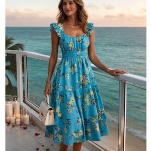 Tory Burch Cap Sleeve Scoop Neck Dress Blue Drop Bouquet Floral Poplin Size 4/S